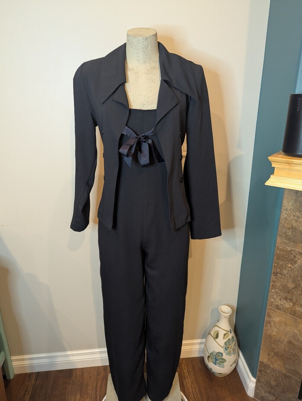 Vintage 80s Le Chateau Pantssuit Black overalls & satin Bow Jacket size S, Rare